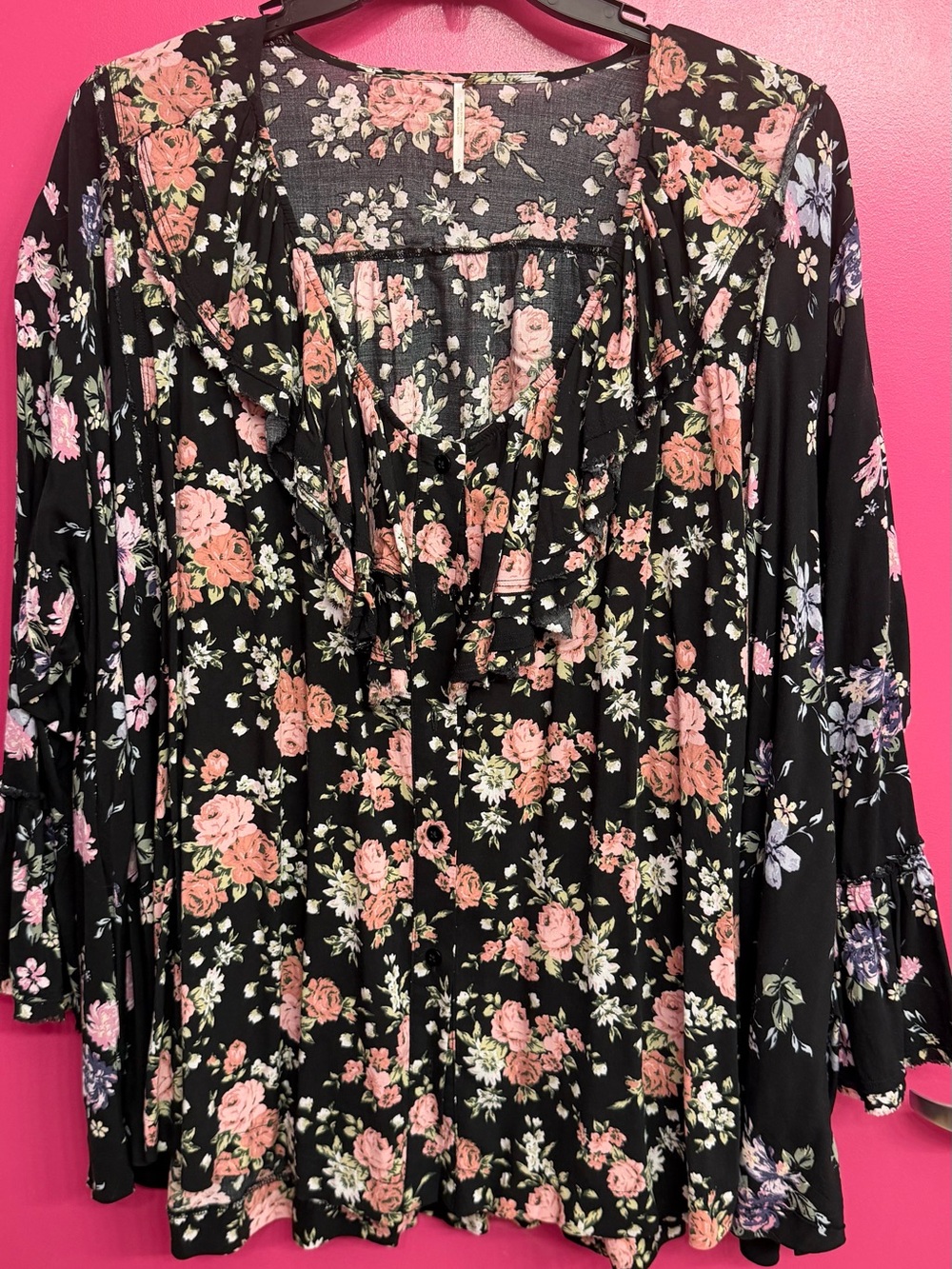 Free People Loretta Boho Floral Ruffle V-Neck Tunic Dress